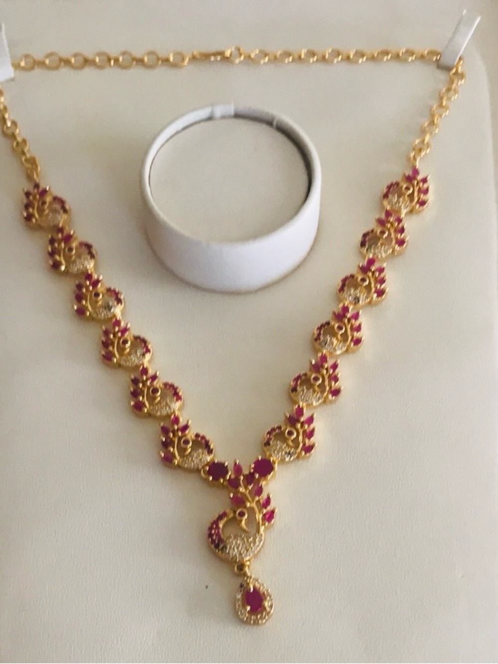 Gold-Tone Necklace with Pink Gem Accents